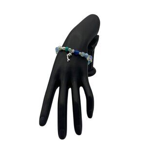 Beaded Charm Bracelet Dolphin Silver Charm Blue Green White Stretch